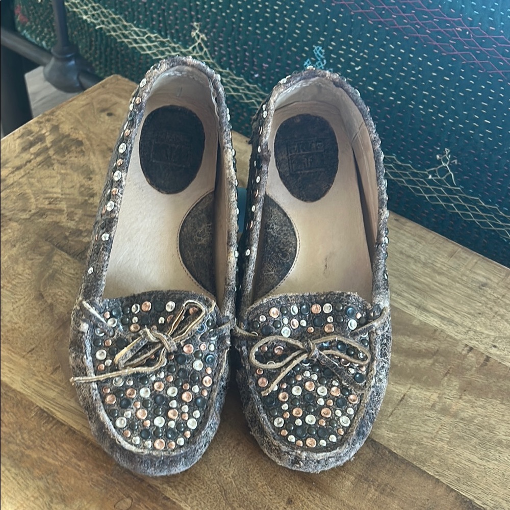 Frye RARE -Brown/Gray Distressed  Moccasins copper, bronze, silver studded - EUC
